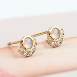 Opal Stud Earrings: 18k Gold, CZ Sterling Silver Dainty Studs