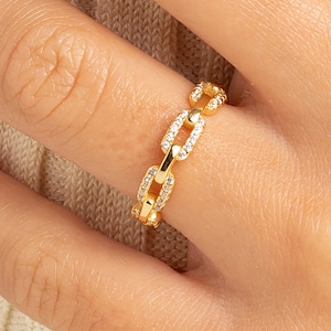 Anello con catena in oro e zirconi cubici, delicata fascia in argento sterling 925, gioielli delicati e minimalisti