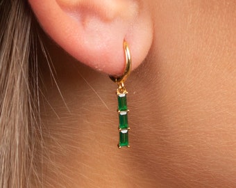 Dangle Baguette Cz Huggie Hoop Earring · Dainty Hoop Earrings with Three Baguette Charm · Emerald Huggie Hoops · 925 Sterling Silver