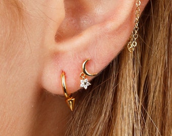 Tiny moon earrings with a dangling star cz, Dainty earrings, Stud gold earrings, Minimalist earrings, Delicate earrings, Gold earrings