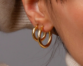 Gold Twisted Hoop Earrings, Thick Gold Twist Hoops, Large vintage hoop earrings, Dainty earrings, Creole earrings, Gold hoops, 925 silver