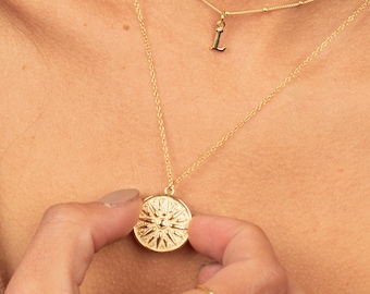 Sun medallion gold necklace, Dainty necklace, Engraved sun disc necklace, Gold coin necklace, Medal necklace, Disc gold necklace