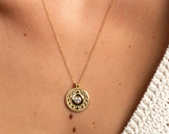 Moon phase medallion necklace, Moon phase necklace, Moon phase pendant, Cz medallion necklace, Gold plated 925 sterling silver necklace