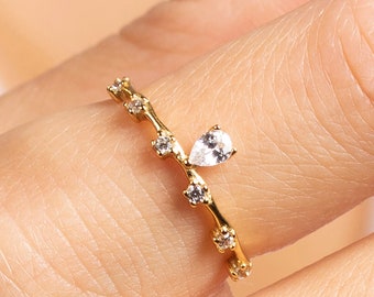 Dainty ring with cubic zirconia stones - Gold stacking ring with Pear cut Cz - Women ring with diamond cz