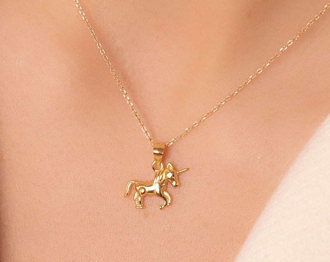 Gold Unicorn Pendant Necklace: 925 Sterling Silver, Dainty Charm