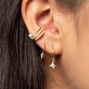 White Zirconia Huggie Hoop Earrings: 18k Gold Sterling Silver