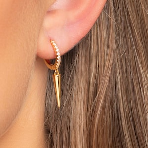 Spike cz gold hoop earrings, Spike hoops, Cz gold charm hoop earrings, Minimalist spike hoops, Cz gold hoops, Dainty hoops, Dangling hoops
