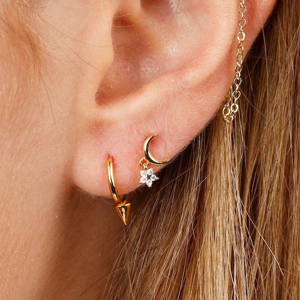 Dainty Moon Stud Earrings: 18k Gold, CZ Star, Sterling Silver