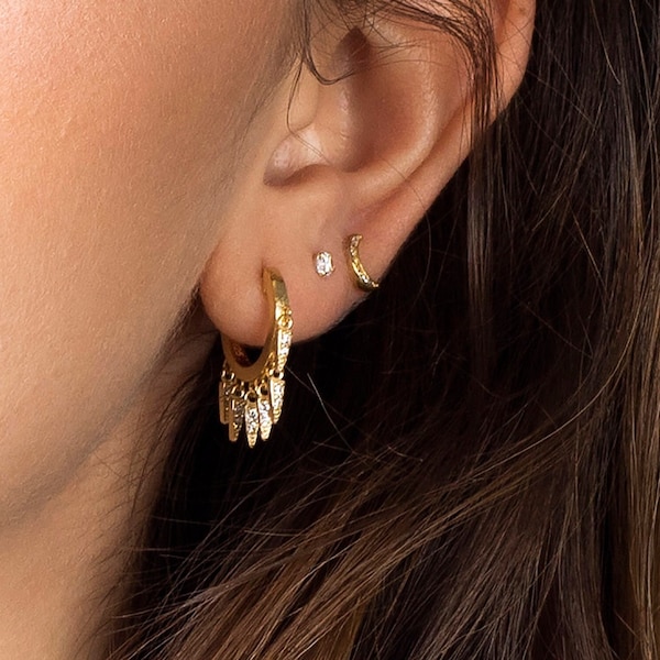 Dainty Huggie Hoop Earrings: Gold Plated Sterling Silver CZ Dangle