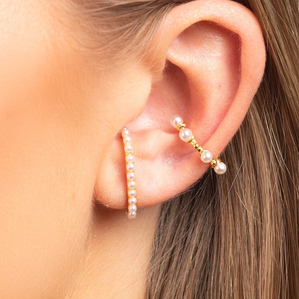 Huggie ear lobe stud earrings with natural pearls - Ear Cuff pearl stud earrings