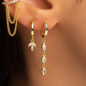 Dainty Marquise CZ Huggie Hoop Earrings: Gold Sterling Silver