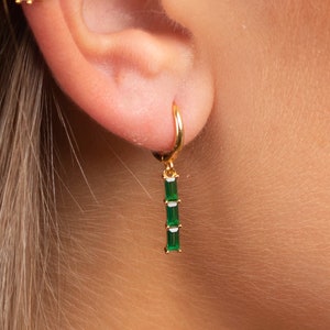 Dangle Baguette Cz Huggie Hoop Earring · Dainty Hoop Earrings with Three Baguette Charm · Emerald Huggie Hoops · 925 Sterling Silver