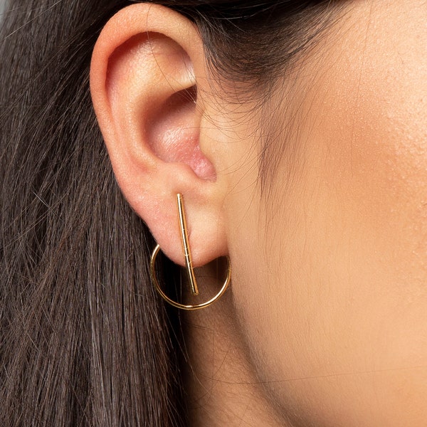 Bar circle ear jacket, Gold ear jacket earrings, Front ear jacket earrings, Minimalist earrings, Dainty earrings, Gold ear jacket earrings