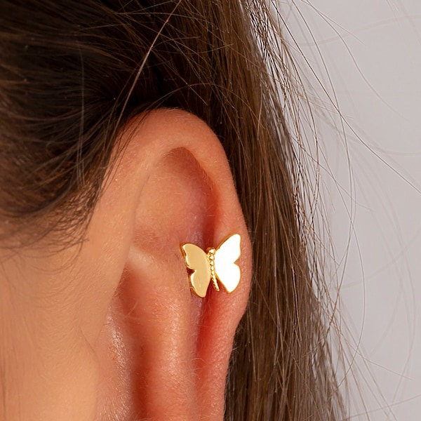 Petites boucles d'oreilles papillon délicates, Puces d'oreilles minimalistes, Boucles d'oreilles cartilage - Argent sterling 925 plaqué or 18 carats
