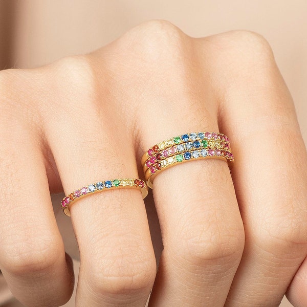 Rainbow band ring, Dainty ring, Multicolor ring, Stacking ring, Delicate ring, Tiny ring, Birthstone ring, Stackable ring, Rainbow ring gold