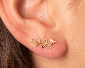 Gold Leaves Ear Climber 925 Sterling silver | Leaf ear crawler earrings | Olive branch earrings | Minimalist leaf earrings
