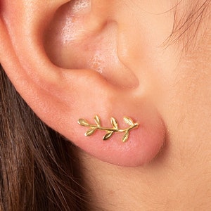 Gold Leaves Ear Climber 925 Sterling silver | Leaf ear crawler earrings | Olive branch earrings | Minimalist leaf earrings