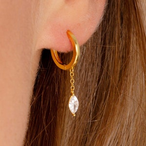 Dainty gold hoops, Marquise Cz dangle hoop earring, Dainty earring, Minimalist earring, Hoop earring with pendant, Dangle chain hoop earring