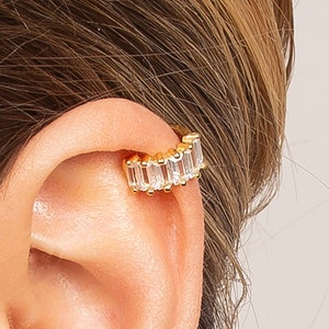 Dainty baguette cubic zirconia ear cuff earring, Baguette cz ear cuff gold, Rose gold ear cuff image 4