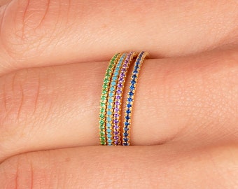 Eternity band ring gold with Cz stones 925 sterling silver, Tiny stacking ring, Emerald ring, Sapphire ring, Turquoise ring, Amethyst ring