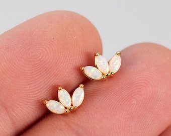 Flower opal stud earrings, Gold opal stud earrings, Dainty opal earrings, Marquise opal stud earrings, Tiny opal studs