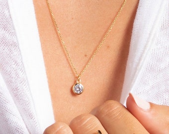 Cz dainty necklace, Gold dainty necklace, Solitarie gold necklace, Birthstone diamond necklace, Gold plated necklace, Minimalist necklace