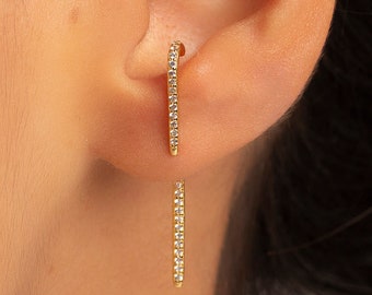 Bar cz ear jacket earrings, Double bar earrings gold, Minimalist earrings, Gold bar ear jacket, Silver ear jacket