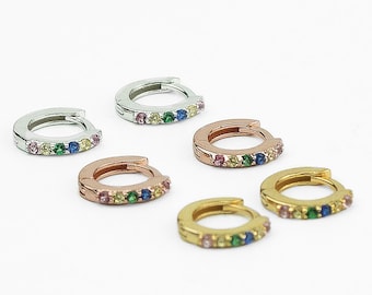 Boucles d'oreilles créoles en cz multicolores délicates : or 18 carats et argent sterling