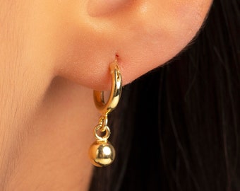 Huggie Hoop Earrings for Women with Dangling Ball Pendant Gold Plated 925 Sterling silver
