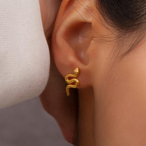 Può includere: Un orecchino a bottone a forma di serpente color oro è indossato sull'orecchio. L'orecchino è una scultura in miniatura dettagliata di un serpente. L'orecchino è indossato sull'orecchio di una persona, con l'orecchio e parte del viso visibili.