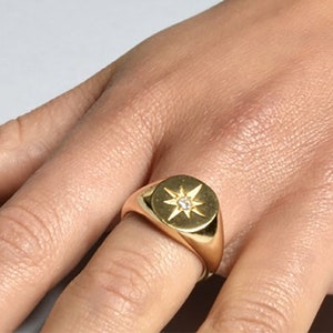 Signet ring, Star signet ring, Cz North Star gold ring, Minimalist signet gold 18k, Polaris ring, Dainty signet ring, Dainty gold ring image 1