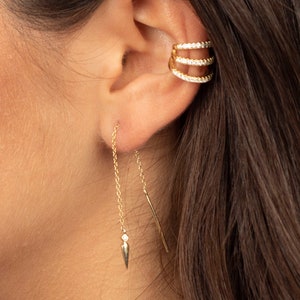 Gold cz threader earrings, Dainty bar threader earrings, Thin chain earrings, Minimalist earrings, Chain earrings, Tiny cz threader earrings