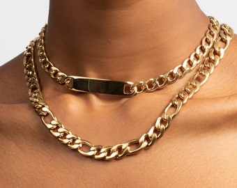 Collar de gargantilla estilo figaro de cadena gruesa 18k chapado en oro de acero inoxidable anti deslustre, Cadena gruesa, collar de gargantilla, collar de cadena fígaro