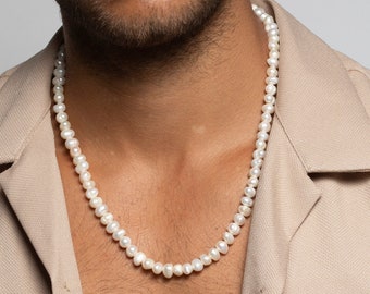 Collier de perles hommes, Collier fait main en perles d'eau douce, Collier de perles pour hommes sur mesure, Tour de cou en perles unisexe