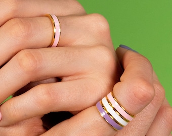 Enamel stacking ring, Pink enamel ring, Black enamel ring, White enamel ring, Purple enamel ring, 18k gold plated 925 sterling silver.