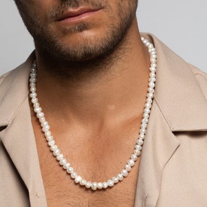 Collier de perles hommes, Collier fait main en perles d'eau douce, Collier de perles pour hommes sur mesure, Tour de cou en perles unisexe image 1