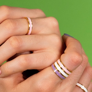 Enamel stacking ring, Pink enamel ring, Black enamel ring, White enamel ring, Purple enamel ring, 18k gold plated 925 sterling silver. image 1