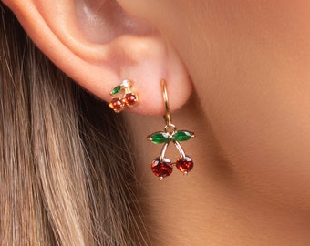 Red Cherry Earrings in 18k gold plated 925 sterling silver - Stud cherry earring - Dangle cherry hoop earrings gold - Dainty earrings set.