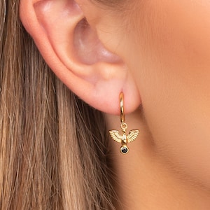 Orecchini a cerchio con aquila e zirconi neri, Cerchi in oro, Orecchini delicati, Orecchini a cerchio, Orecchini a cerchio pendenti, Orecchini in oro, Cerchi in argento sterling 925