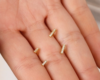 Tiny CZ Bar Stud Earrings: 18k Gold Plated Sterling Silver