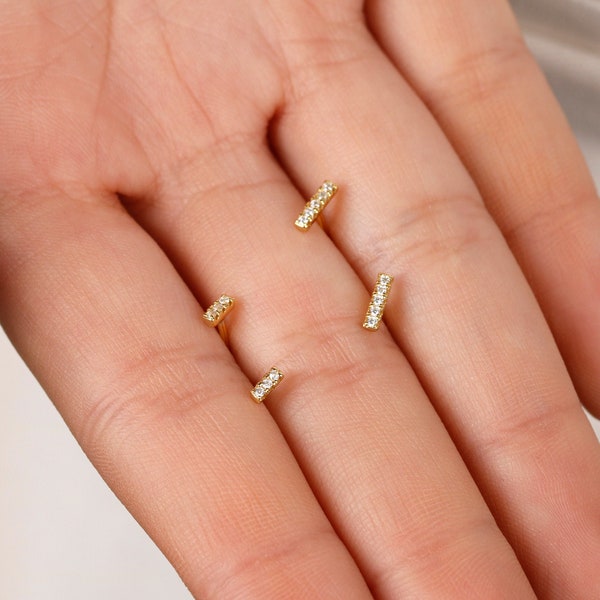 Tiny bar stud earrings, Tiny studs, Gold studs, Cz studs, Line earrings, Tiny earrings, Gold earrings, Delicate earrings, simple studs gold