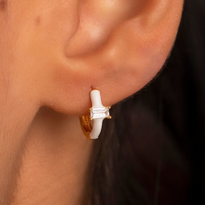 18K Gold & 925 Sterling Silver Huggie Hoop Earrings with Baguette Cut Cubic Zirconia - White Enamel Accent