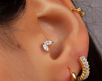 Two marquise cz stud earrings, Tiny stud earrings, Minimalist earrings, 925 sterling silver.