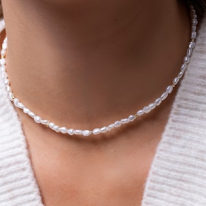 May include: A delicate pearl choker necklace with small, white pearls strung on a gold chain.
