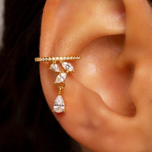 Delicato orecchino cz, orecchino cz pendente non forato, delicato orecchino cz in oro, orecchini in argento sterling 925, orecchini cuff senza piercing