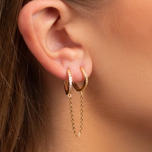 Huggie hoops cz gold, Dainty earrings, Double hoop earring with chain, Cz Hoops, Minimal hoops, Delicate hoops, Dainty hoops, Small hoops