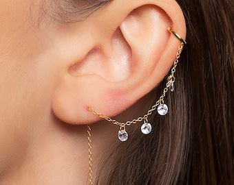 Pendiente enhebrador con ear cuff y 4 piedras cz colgantes, Segundo pendiente con ear cuff, Pendiente de cadena con cz, Oro y ear cuff delicado