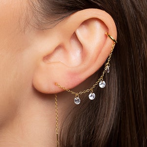 Threader earring with ear cuff and 4 dangling cz stones, Second earring with ear cuff, Chain earring with cz, Gold and dainty ear cuff image 1