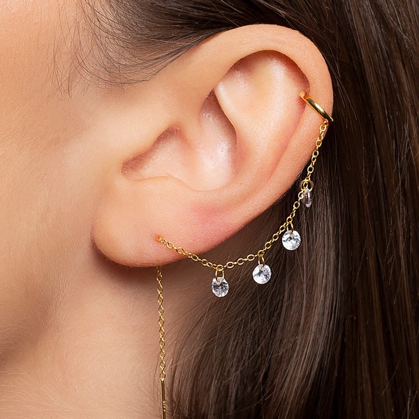 Threader earring with ear cuff and 4 dangling cz stones, Second earring with ear cuff, Chain earring with cz, Gold and dainty ear cuff