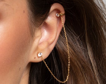 Stud with chain and cartilage hugging cuff, Gold ear cuff, Ear cuff, Chain ear cuff, Chain earrings, Dainty earrings, Minimalist earrings